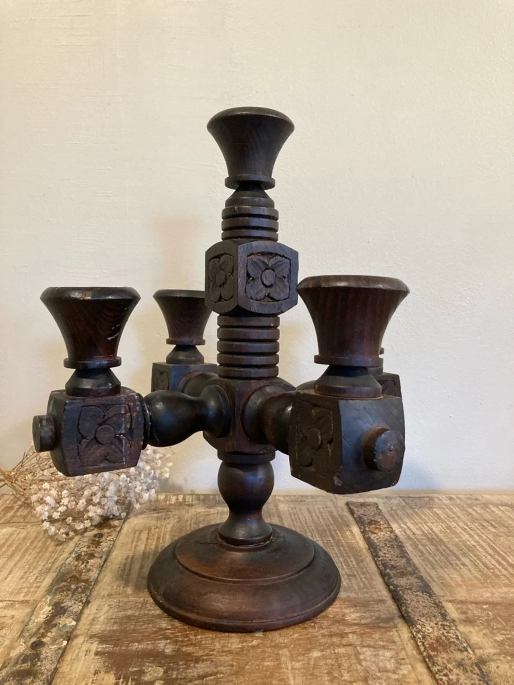Spanish Revival Gothic Wood Candelabra 5 Candle 13” Rustic Decor - Picture 2 of 16